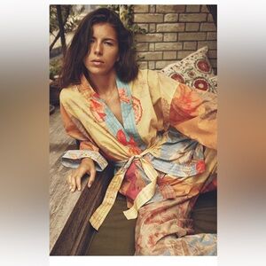 Zara Patchwork Blouse Top Belted Sash Kimono jacket